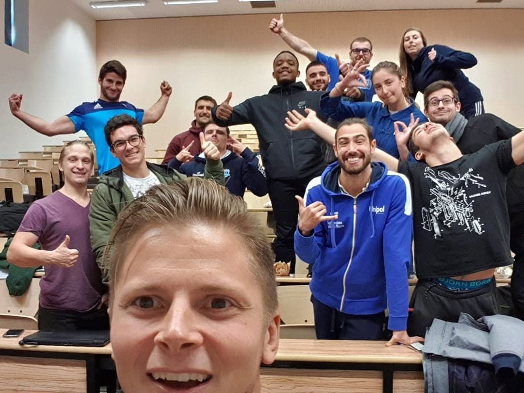 Johan Lahti with his students in a lecture hall in Nice, 2018.