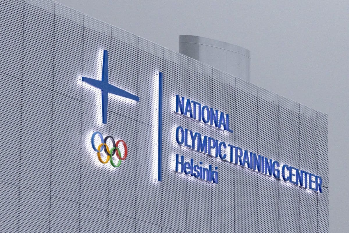 The National Olympic Training Center sign with the Olympic rings on the Urhea building in Helsinki.