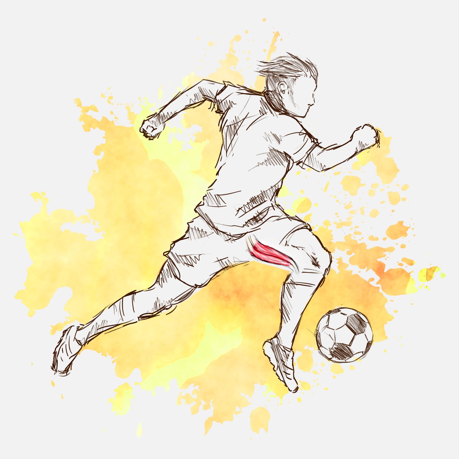 Sketch of a sprinting footballer with the hamstring highlighted in red, on a watercolor splash.